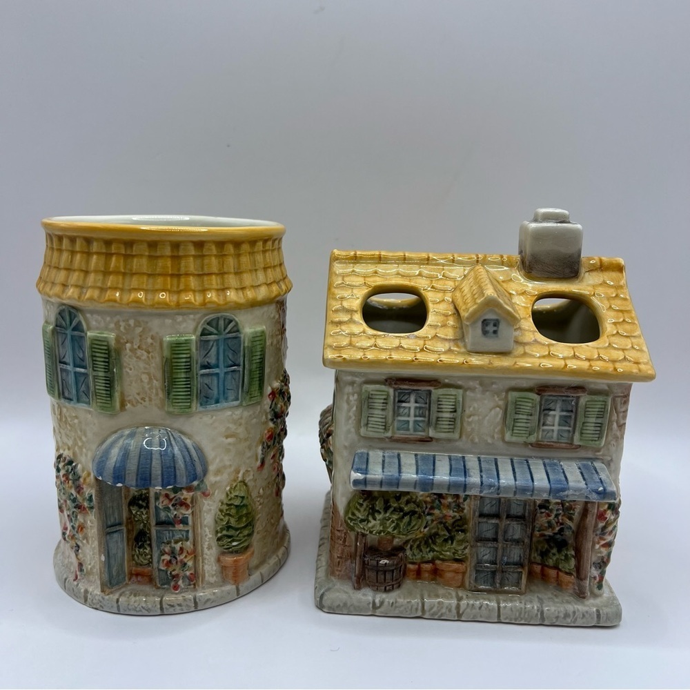 Charming Ceramic Village Bathroom Organizer Set - Toothbrush Holder & Cup